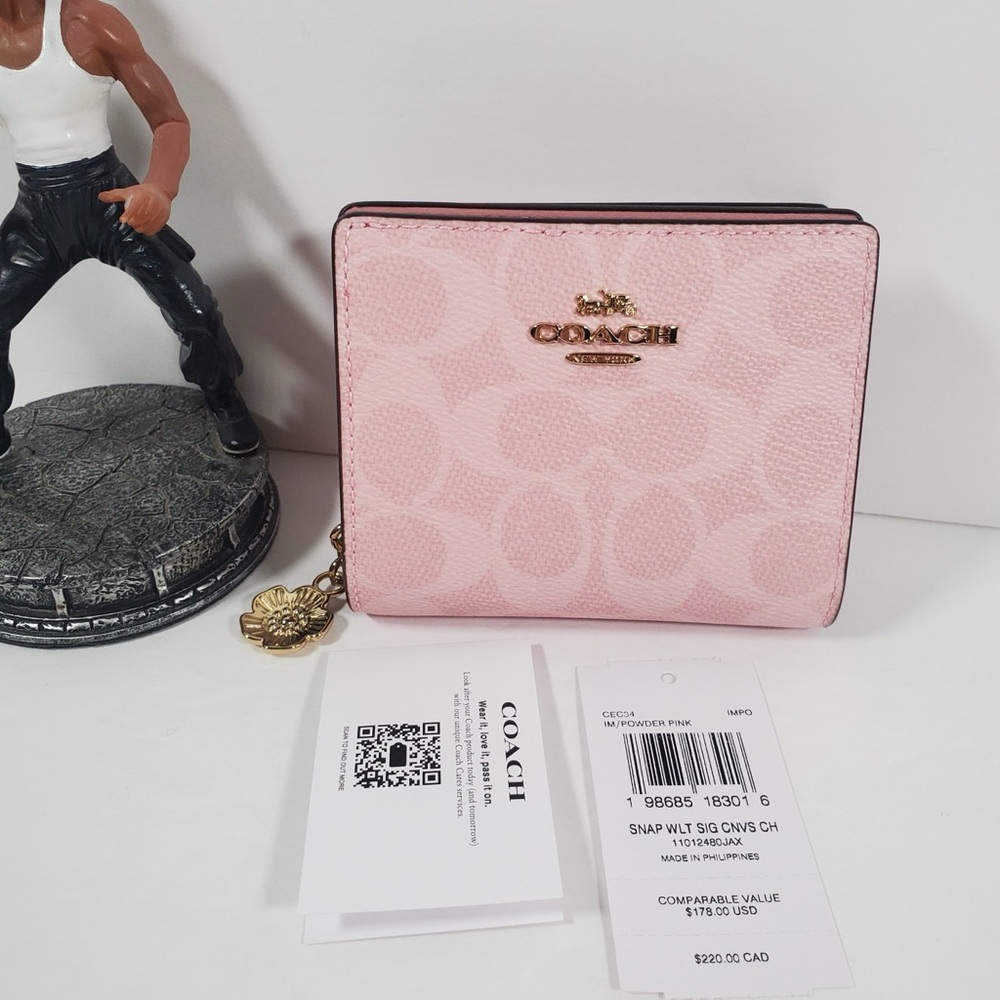 Coach Powder Pink Snap Wallet In Signature Canvas With Charm NWT